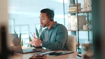 Aufkleber - Headset, man and customer service agent in office for international consultation with translation. Mic, laptop and male call center consultant with multilingual support for global client online.