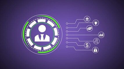 Fototapete - Animated digital representation of a business person with a circle graphic on a purple background suitable for corporate presentations
