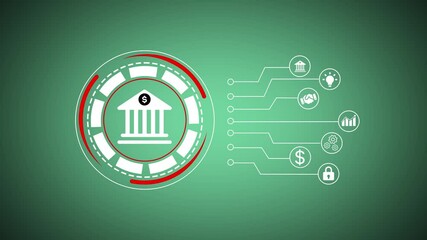 Poster - Animated bank icon on green background with a dollar symbol representing banking and finance services for business.