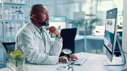 Poster - black man, scientist and thinking with computer in lab for medical research, botany and solution. pe