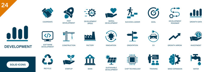 Development icon. Containing innovation, sustainability, growth, chip technology, business. Solid vector icons collection.
