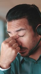 Poster - Office, businessman and laptop with headache for call center, sales mistake or pressure for deadline. Stress, male person and agent with pain for customer service fail, migraine and headset ay night