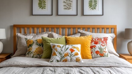 Fototapete - A stylish bedroom features a wooden bed adorned with various floral patterned pillows. The walls showcase nature-themed art, creating a warm and inviting atmosphere