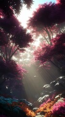 Wall Mural - A 3d render of a lush forest, eco-friendly nature theme and setting, professional camera shot and videography, slight minimalistic movements