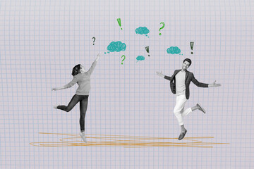 Poster - Exclusive artwork banner creative collage of two happy girl guy stand bubble communication exclamation mark question dialogue