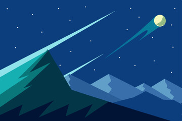 starry night sky illustration with winter trees and a bright moon