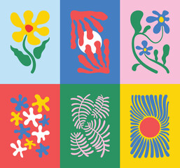 Aufkleber - Abstract summer botanical doodle background art vector set. Hand drawn flower, leaves, sea wave, sun, moon, coral. Design for print, wallpaper, clipart, wall art for home decoration.