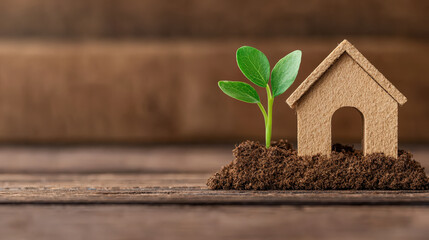 Aufkleber - Small wooden house model sits on soil next to green plant sprout, symbolizing sustainable living and eco friendly home concepts. scene conveys growth and environmental consciousness