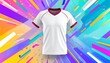 © aukkasit - White V Neck Sports Jersey Mockup Design Red Blue Trims Colorful Background