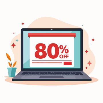 Laptop screen shows 80 percent off Black Friday deal.  Online shopping discount promotion announcement with big red numbers on laptop screen.