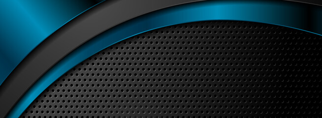 Aufkleber - Blue and black abstract glossy waves on perforated background. Technology vector banner design