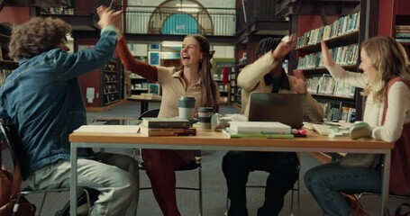 Poster - High five, study group and students in library with textbooks preparing for university exam. Happy, cheering and people with good results for passing college test, assignment or project together.