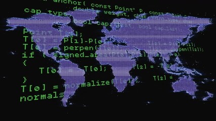 Poster - Opening purple-blue world map green code scrolling into dotted mesh showing cyber-geospatial link