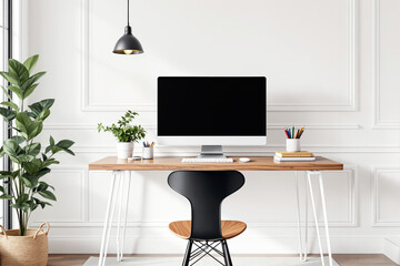 Poster - Modern workspace with computer on wooden desk in bright interior.