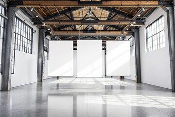 Poster - Blank white posters hanging in a spacious industrial-style gallery.