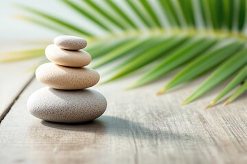 Poster - Balanced stacked pebbles on wooden surface with green palm leaf in background.