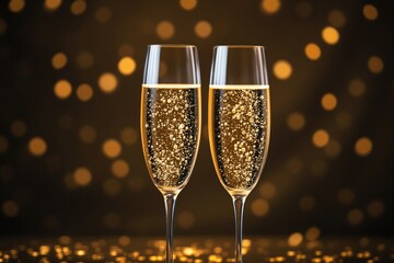Poster - Two champagne glasses filled with bubbly golden liquid against a glowing bokeh background.