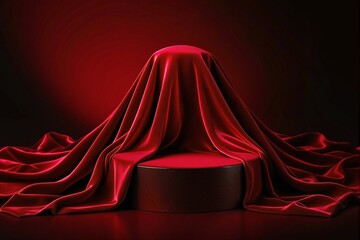 Poster - Luxurious red silk fabric elegantly draped over a circular pedestal on a dark background.