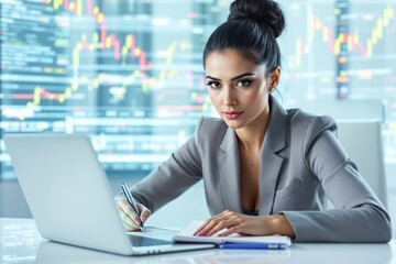 Poster - Confident businesswoman analyzing financial data on laptop in modern office.