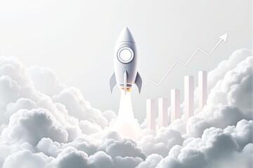 Poster - Rocket launching through clouds with business growth chart in soft light background.
