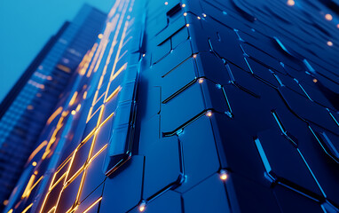 Aufkleber - Blue technological background with hexagons and glowing lights, vector illustration. Abstract digital wallpaper for business presentation design, science, or tech video content. 
