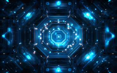 Aufkleber - Blue technological background with hexagons and glowing lights, vector illustration. Abstract digital wallpaper for business presentation design, science, or tech video content. 