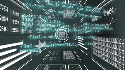 Poster - Camera panning 3D grid corridor, reticle advancing, code panels shifting visualizing data flow