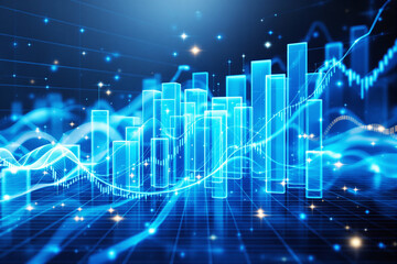 Poster - Futuristic financial growth chart with glowing blue bars and digital waveforms.