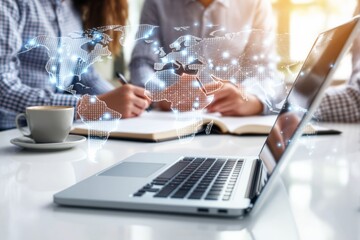 Poster - Digital global business concept with laptop and holographic world map.