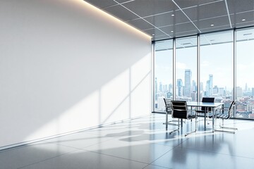 Poster - Modern office interior with empty white wall and meeting table near panoramic windows.