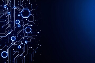 Fototapete - Futuristic digital circuit board with glowing blue hexagons on dark background.