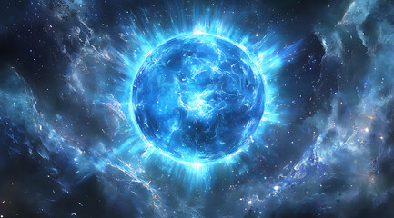 blue earth with a starry sky, a blue light beam on the horizon.