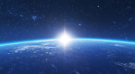 Poster - blue earth with a starry sky, a blue light beam on the horizon.