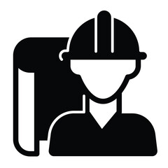 Poster - Architect man project paper solid icon, architect studio concept. Vector graphics. Construction worker with project plan sign on white background, style mobile or design.