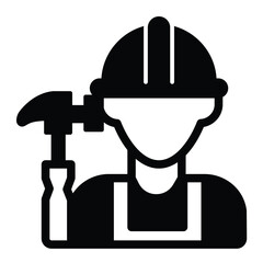 Poster - Builder man and hammer solid icon, construction concept. Vector graphics. Worker with hammer tool sign on white background, style mobile or design.