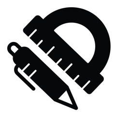 Poster - Protractor ruler and pen solid icon, architect studio concept. Vector graphics. Ruler tool with pen sign on white background, style mobile or design.