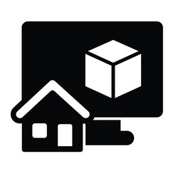 Fototapete - Monitor with 3D square and house solid icon, architect studio concept. Vector graphics. Display with 3D building program sign on white background, style mobile or design.
