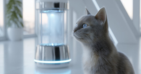 Aufkleber - A curious cat looks towards a sleek hydration device in a bright bathroom. Sunlight filters through the large windows, highlighting the clean, minimalist design of the space.