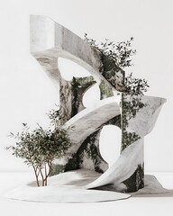 Poster - Abstract sculpture with greenery on a white background