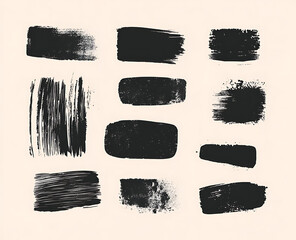 Poster - Black ink brush strokes, various shapes and sizes of rectangular or circular labels with a white background. 