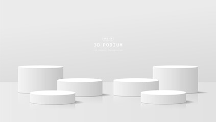 empty clean studio room with five realistic white 3d cylinder podium pedestal for product display st