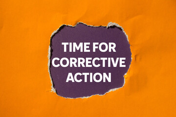 Leinwandbilder - Time for corrective action message written on ripped torn orange paper on purple background. Conceptual time for corrective action symbol. Copy space.