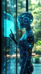 Poster - AI assistant hologram in a modern office, AI communication, workplace efficiency