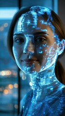 Poster - AI assistant hologram in a modern office, AI communication, workplace efficiency