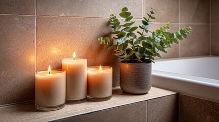 Fototapete - Three lit candles cast a warm glow next to a small potted plant in a contemporary bathroom. The soothing atmosphere enhances relaxation during a calming evening bath