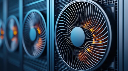 Poster - High-Resolution Close-Up of Cooling Fans Inside a Computer Data Center with Blue Lighting and Grids