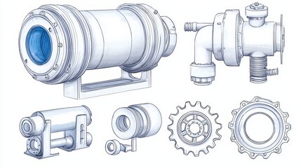 Poster - Detailed Illustration of Industrial Mechanical Components Including Pipes, Filters, and Gear Designs