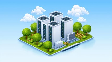 Poster - Modern Urban Digital Data Center with Green Surroundings and Clear Blue Sky in an Isometric Style Illustration