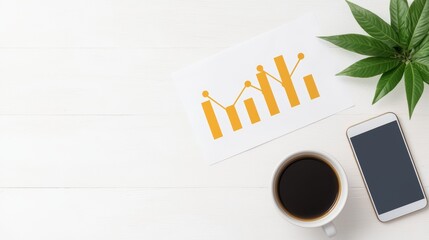 Poster - business growth analysis with charts, coffee, smartphone, and houseplant on wooden table in bright w