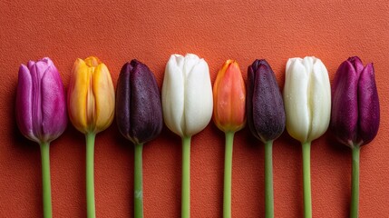 Aufkleber - A row of colorful tulips in varying shades of purple, white, orange, and yellow sits neatly on a bright orange background. The arrangement highlights their delicate petals and springtime charm